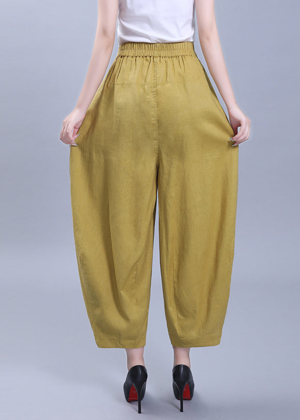 Loose Yellow Wrinkled Pockets Patchwork Linen Crop Pants Summer Ada Fashion