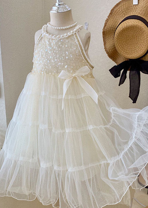 Lovely Beige Sequins Nail Bead Wrinkled Patchwork Tulle Baby Girls Princess Dress Summer Ada Fashion