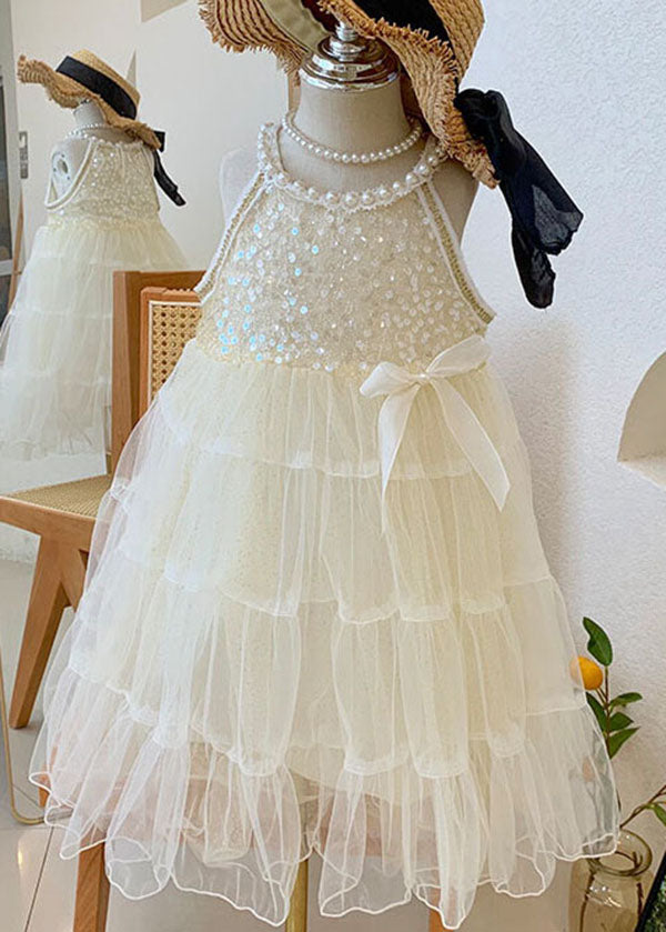 Lovely Beige Sequins Nail Bead Wrinkled Patchwork Tulle Baby Girls Princess Dress Summer Ada Fashion