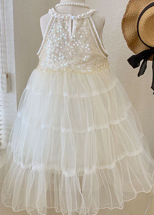 Lovely Beige Sequins Nail Bead Wrinkled Patchwork Tulle Baby Girls Princess Dress Summer Ada Fashion