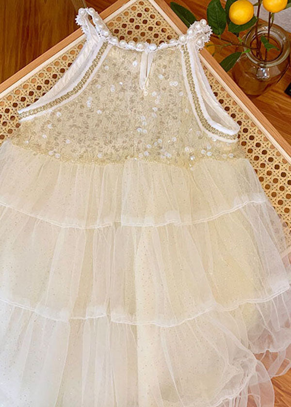 Lovely Beige Sequins Nail Bead Wrinkled Patchwork Tulle Baby Girls Princess Dress Summer Ada Fashion