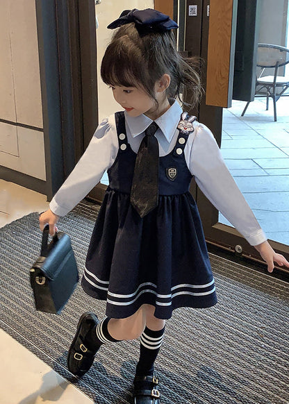 Lovely Navy Peter Pan Collar False Two Pieces Cotton Girls Dresses Fall Ada Fashion