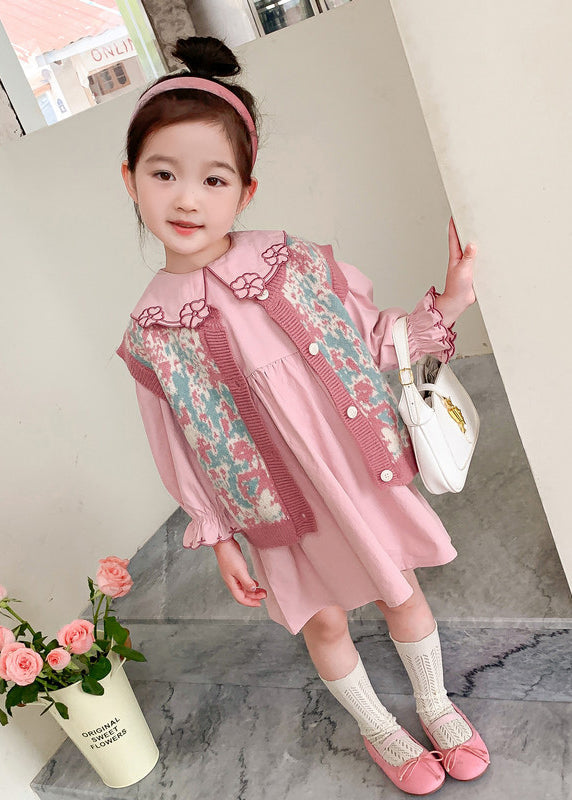 Lovely Pink Floral Vest And Dresses Cotton Baby Girls Two Pieces Set Fall Ada Fashion