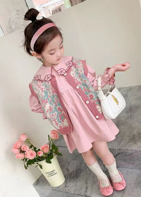 Lovely Pink Floral Vest And Dresses Cotton Baby Girls Two Pieces Set Fall Ada Fashion