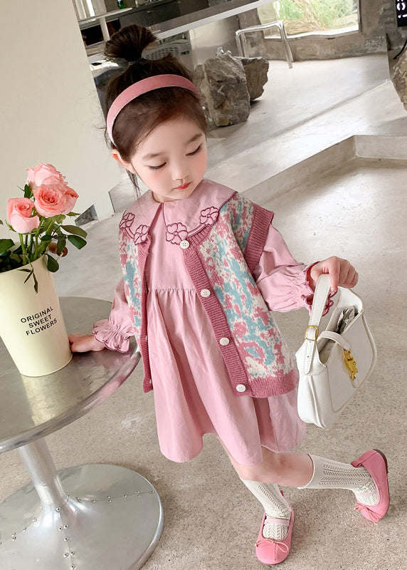 Lovely Pink Floral Vest And Dresses Cotton Baby Girls Two Pieces Set Fall Ada Fashion