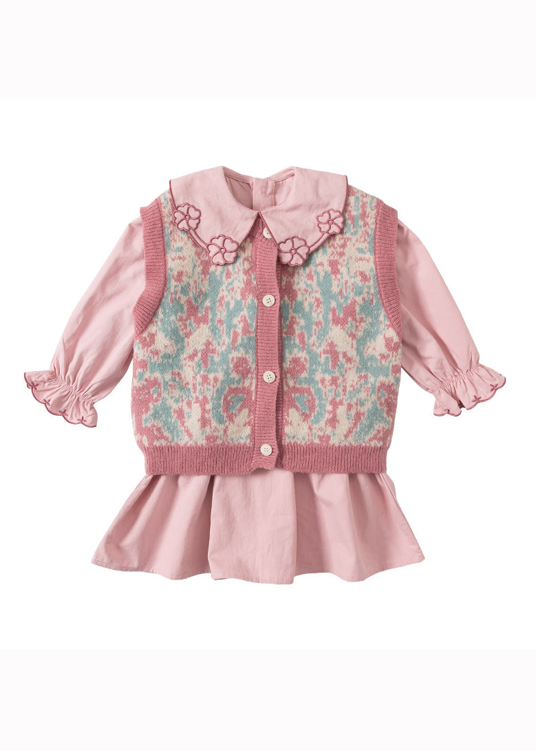 Lovely Pink Floral Vest And Dresses Cotton Baby Girls Two Pieces Set Fall Ada Fashion