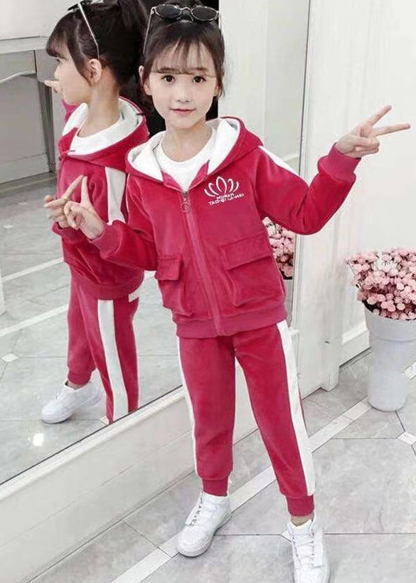 Lovely Pink Hooded Zippered Pockets Warm Fleece Girls Two Pieces Set Winter Ada Fashion