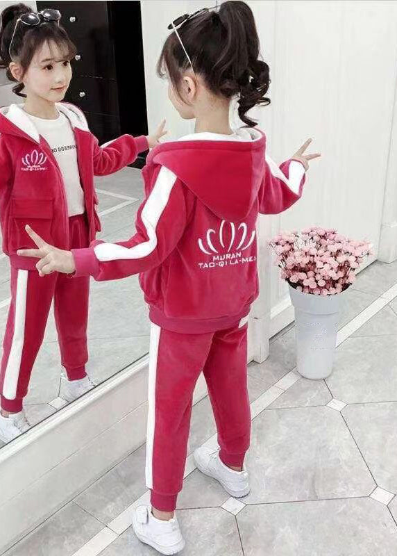 Lovely Pink Hooded Zippered Pockets Warm Fleece Girls Two Pieces Set Winter Ada Fashion