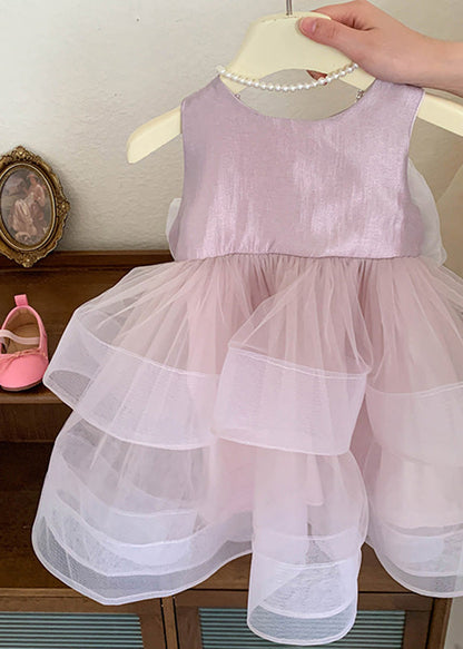 Lovely Pink O-Neck Patchwork Layered Tulle Kids Girls Dress Summer LY5459 - fabuloryshop