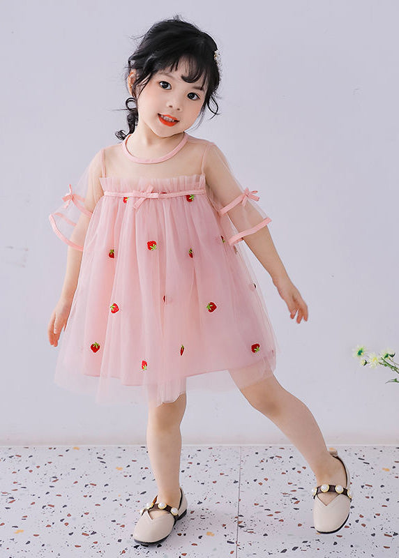 Lovely Pink O-Neck Patchwork Strawberry Tulle Kids Girls Mid Dress Short Sleeve LY5454 - fabuloryshop