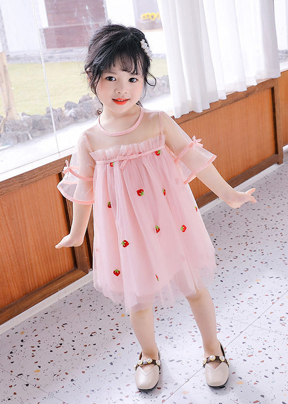 Lovely Pink O-Neck Patchwork Strawberry Tulle Kids Girls Mid Dress Short Sleeve LY5454 - fabuloryshop