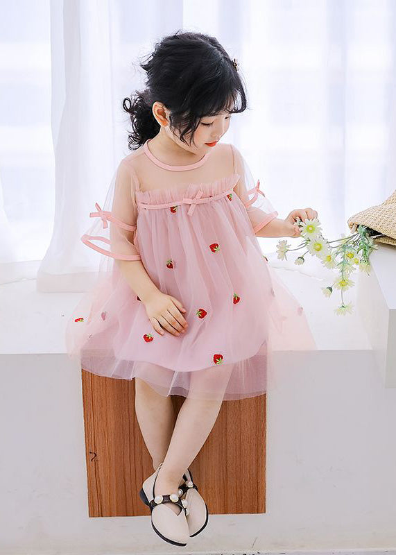 Lovely Pink O-Neck Patchwork Strawberry Tulle Kids Girls Mid Dress Short Sleeve LY5454 - fabuloryshop