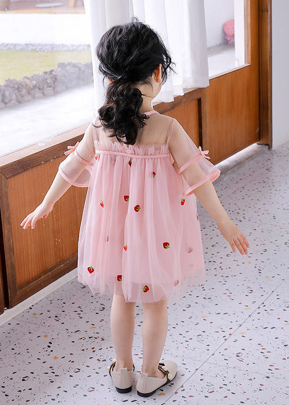 Lovely Pink O-Neck Patchwork Strawberry Tulle Kids Girls Mid Dress Short Sleeve LY5454 - fabuloryshop