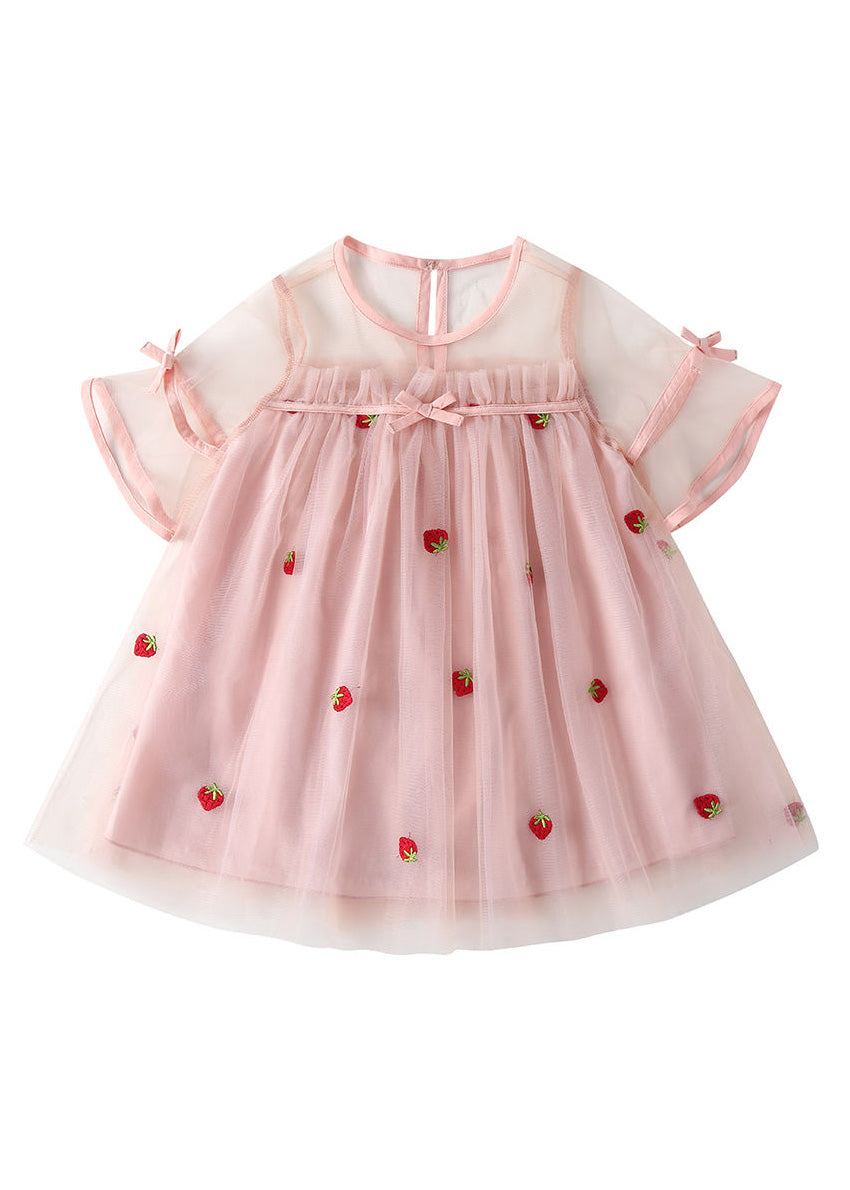 Lovely Pink O-Neck Patchwork Strawberry Tulle Kids Girls Mid Dress Short Sleeve LY5454 - fabuloryshop