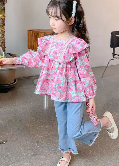 Lovely Pink Print Cotton Top And Denim Pants Baby Girls Two Pieces Set Fall Ada Fashion