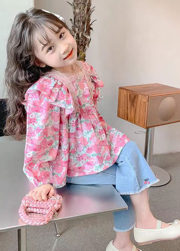 Lovely Pink Print Cotton Top And Denim Pants Baby Girls Two Pieces Set Fall Ada Fashion