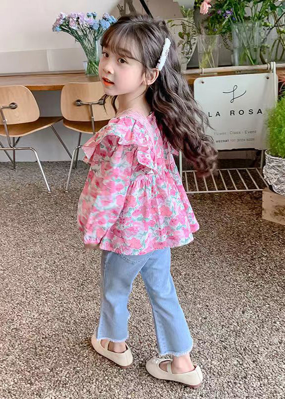 Lovely Pink Print Cotton Top And Denim Pants Baby Girls Two Pieces Set Fall Ada Fashion