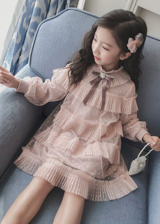 Lovely Pink Ruffled Patchwork Warm Fleece Kids Girls Dress Fall Ada Fashion