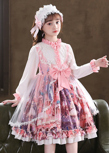 Lovely Pink Ruffled Print Bow Patchwork Tulle Kids Girls Dress Fall Ada Fashion