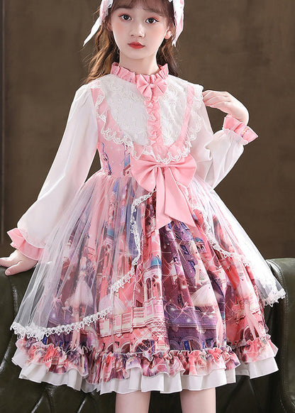 Lovely Pink Ruffled Print Bow Patchwork Tulle Kids Girls Dress Fall Ada Fashion