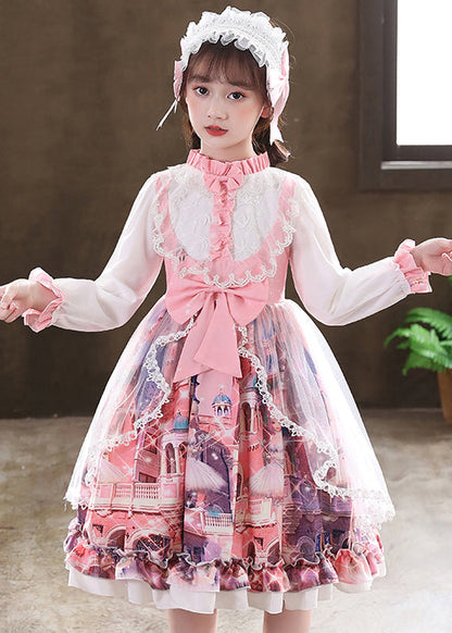 Lovely Pink Ruffled Print Bow Patchwork Tulle Kids Girls Dress Fall Ada Fashion