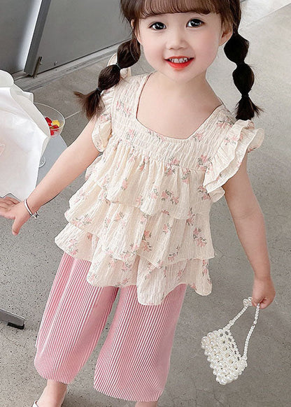 Lovely Pink Ruffled Tops And Pants Cotton Baby Girls Two Pieces Set Summer LY5485 - fabuloryshop