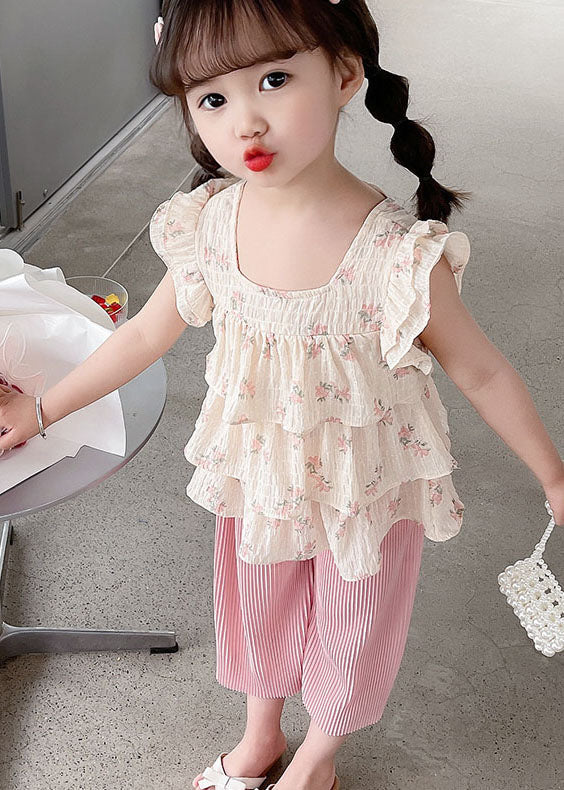 Lovely Pink Ruffled Tops And Pants Cotton Baby Girls Two Pieces Set Summer LY5485 - fabuloryshop