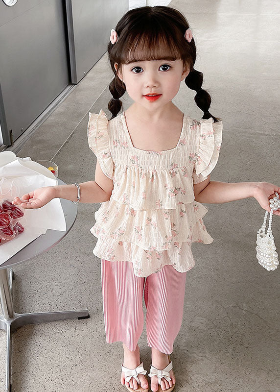 Lovely Pink Ruffled Tops And Pants Cotton Baby Girls Two Pieces Set Summer LY5485 - fabuloryshop