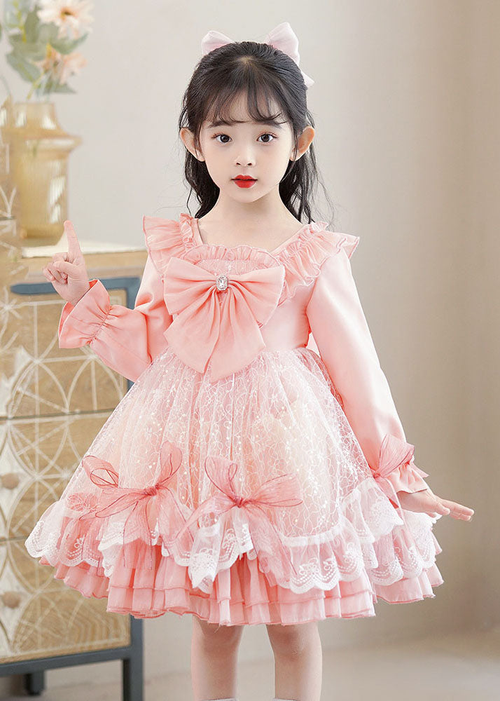 Lovely Pink Square Collar Bow Patchwork Tulle Kids Mid Dresses Long Sleeve Ada Fashion