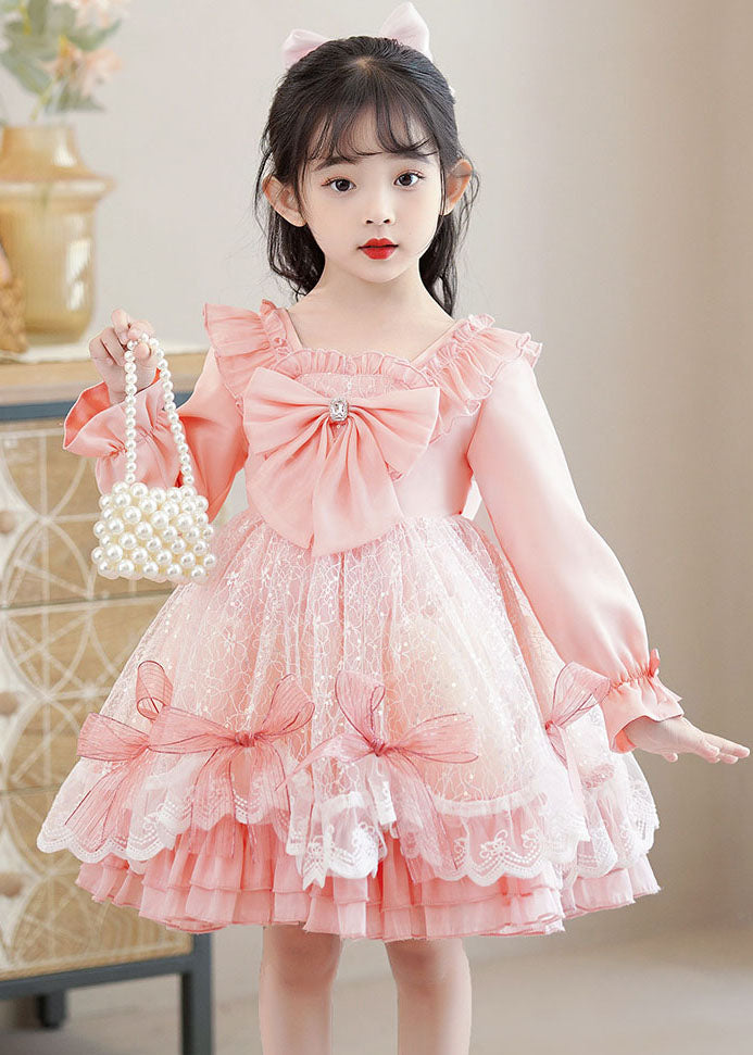 Lovely Pink Square Collar Bow Patchwork Tulle Kids Mid Dresses Long Sleeve Ada Fashion