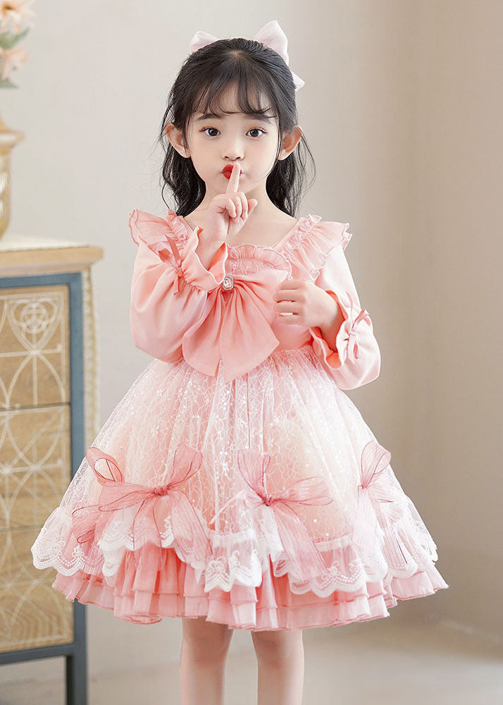 Lovely Pink Square Collar Bow Patchwork Tulle Kids Mid Dresses Long Sleeve Ada Fashion