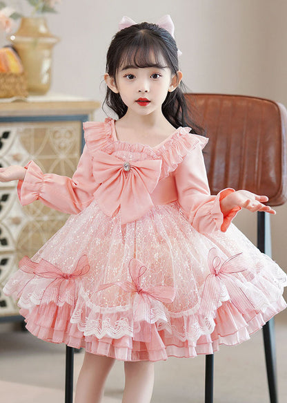 Lovely Pink Square Collar Bow Patchwork Tulle Kids Mid Dresses Long Sleeve Ada Fashion