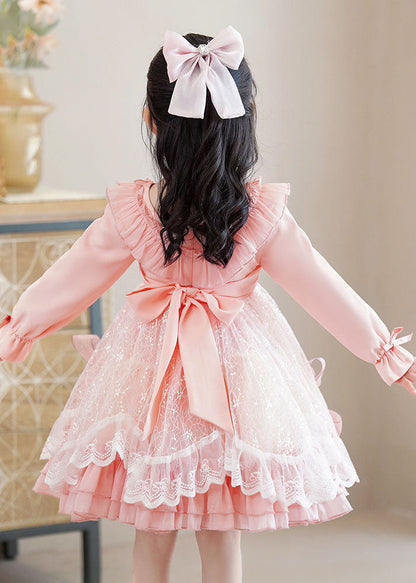 Lovely Pink Square Collar Bow Patchwork Tulle Kids Mid Dresses Long Sleeve Ada Fashion