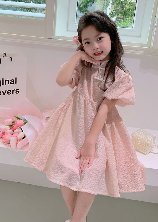 Lovely Pink Stand Collar Button Patchwork Cotton Kids Girls Dresses Summer LY6523 - fabuloryshop