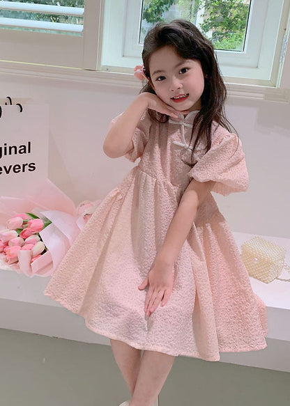 Lovely Pink Stand Collar Button Patchwork Cotton Kids Girls Dresses Summer LY6523 - fabuloryshop