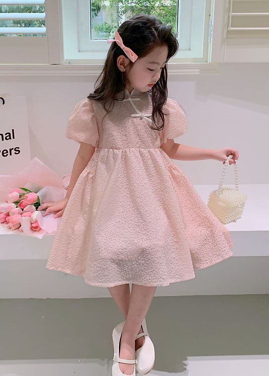 Lovely Pink Stand Collar Button Patchwork Cotton Kids Girls Dresses Summer LY6523 - fabuloryshop