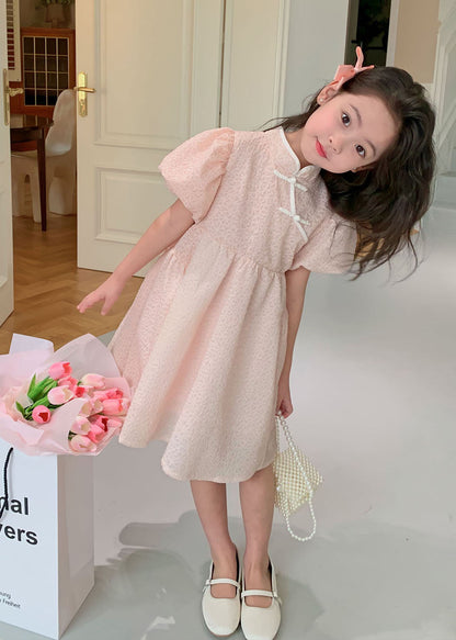 Lovely Pink Stand Collar Button Patchwork Cotton Kids Girls Dresses Summer LY6523 - fabuloryshop