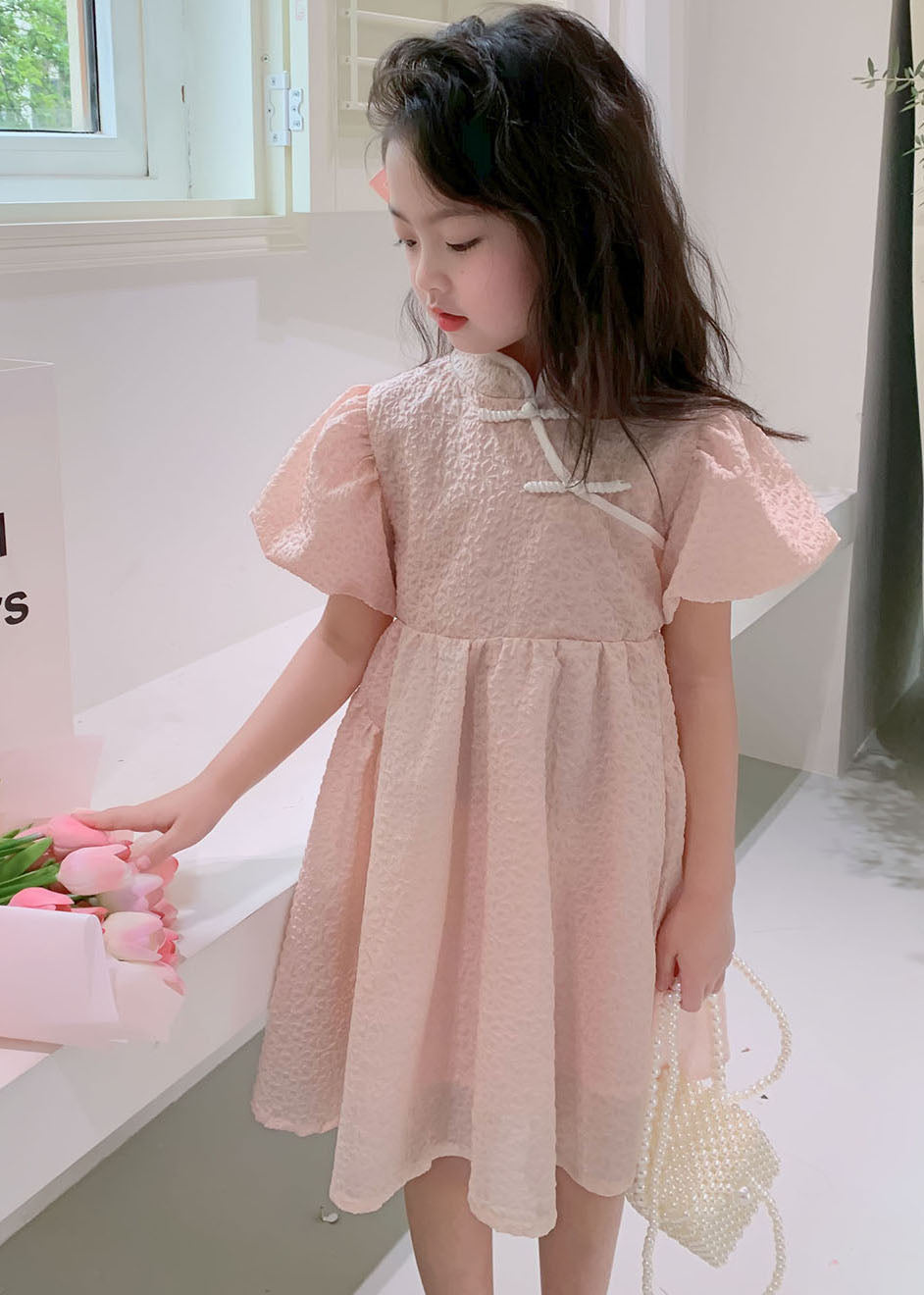 Lovely Pink Stand Collar Button Patchwork Cotton Kids Girls Dresses Summer LY6523 - fabuloryshop
