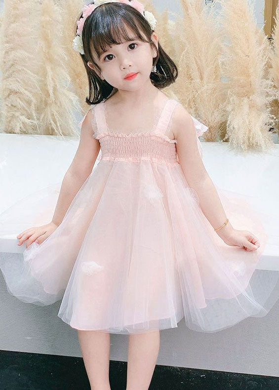 Lovely Pink Wrinkled Patchwork Tulle Kids Girls Dresses Summer LY5495 - fabuloryshop