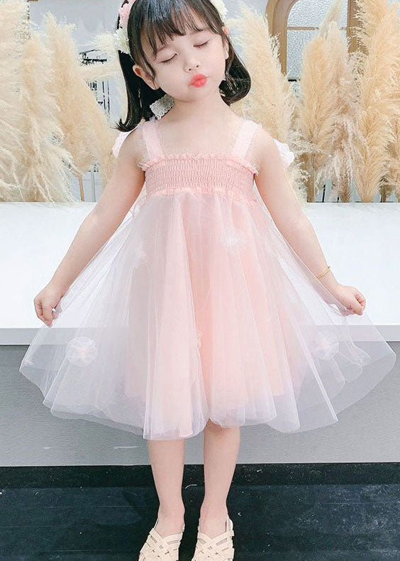 Lovely Pink Wrinkled Patchwork Tulle Kids Girls Dresses Summer LY5495 - fabuloryshop