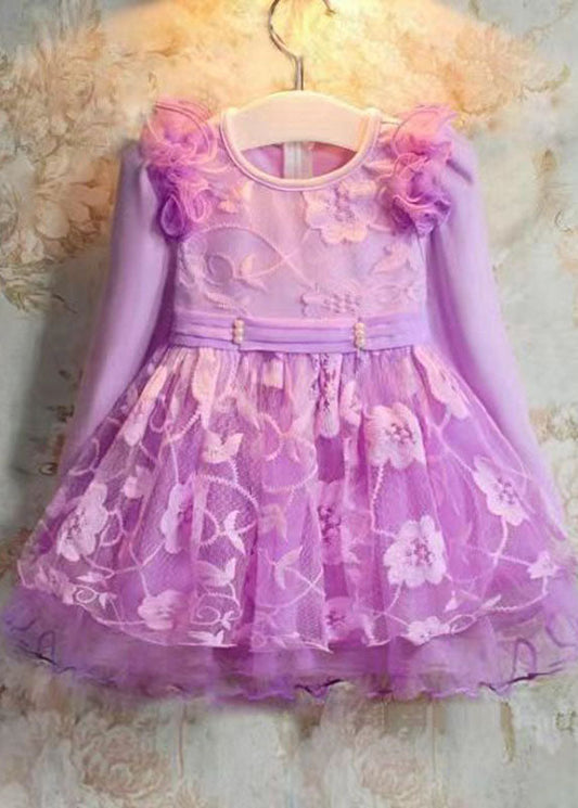 Lovely Purple Embroideried Patchwork Tulle Kids Long Dress Long Sleeve Ada Fashion