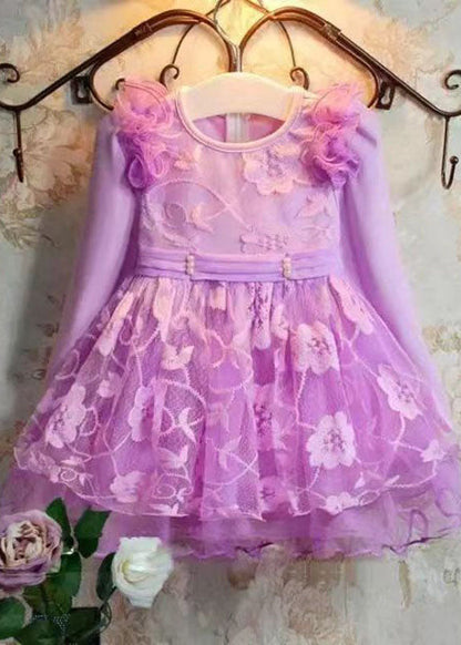 Lovely Purple Embroideried Patchwork Tulle Kids Long Dress Long Sleeve Ada Fashion