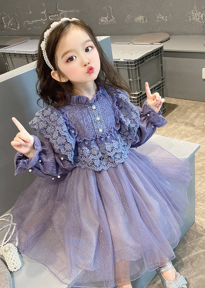 Lovely Purple Ruffled Lace Patchwork Tulle Baby Girls Dress Fall Ada Fashion