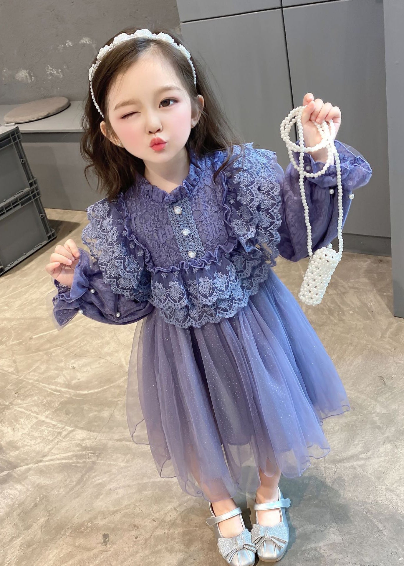 Lovely Purple Ruffled Lace Patchwork Tulle Baby Girls Dress Fall Ada Fashion