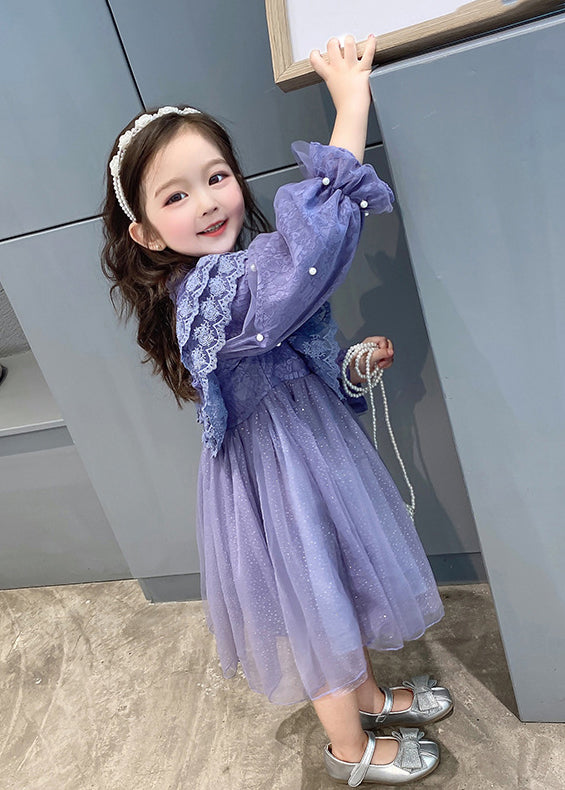 Lovely Purple Ruffled Lace Patchwork Tulle Baby Girls Dress Fall Ada Fashion