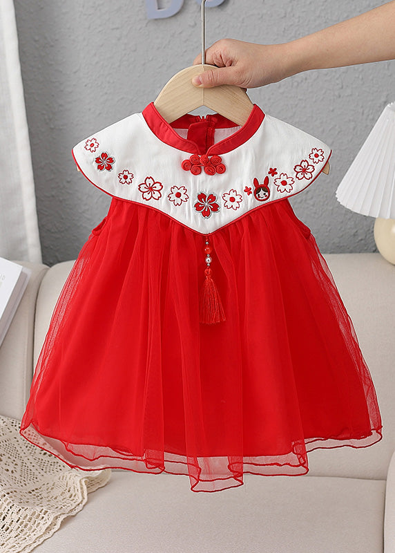 Lovely Red Stand Collar Embroideried Floral Tassel Patchwork Button Tulle Baby Long Dresses Summer LY5469 - fabuloryshop