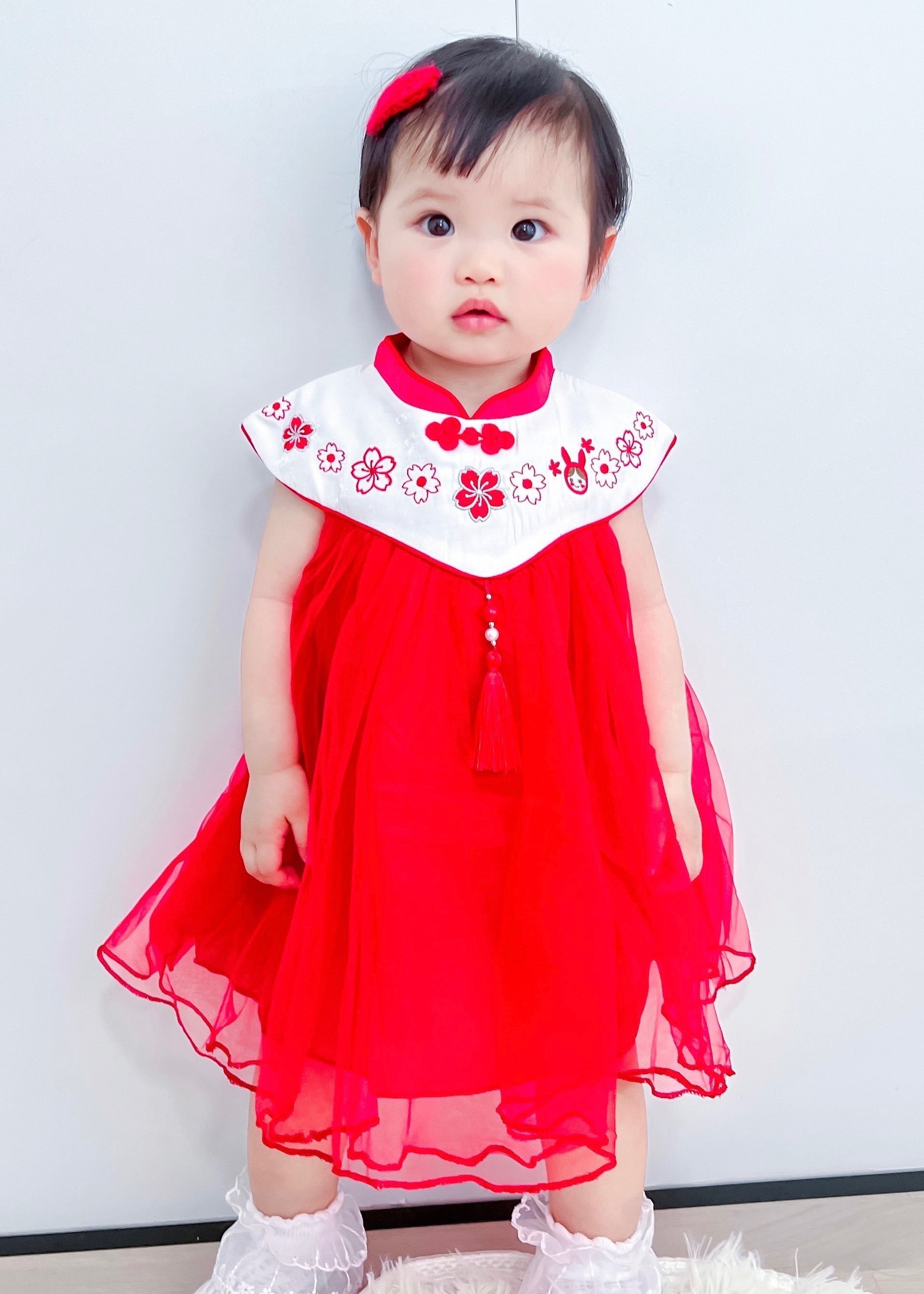 Lovely Red Stand Collar Embroideried Floral Tassel Patchwork Button Tulle Baby Long Dresses Summer LY5469 - fabuloryshop