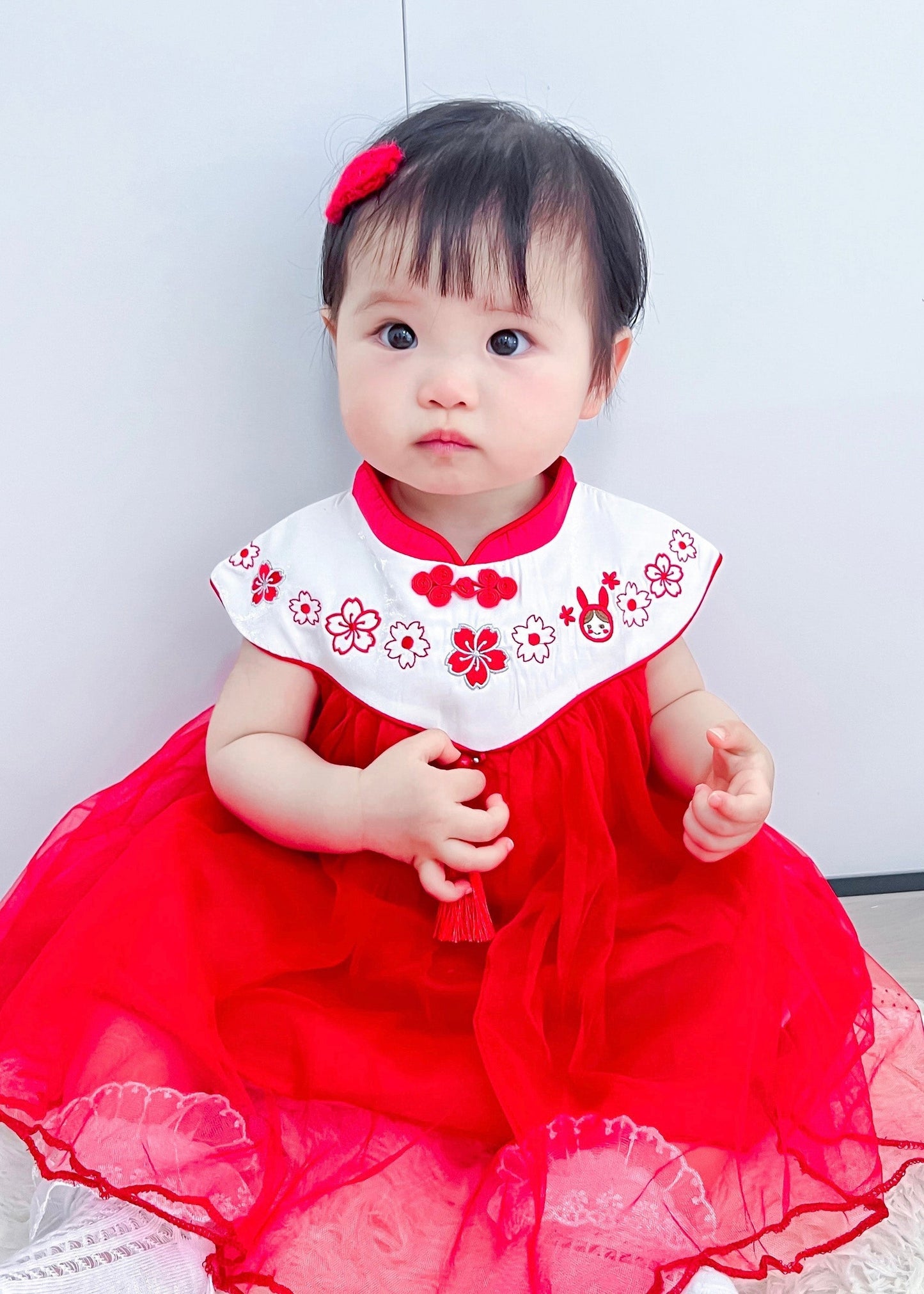 Lovely Red Stand Collar Embroideried Floral Tassel Patchwork Button Tulle Baby Long Dresses Summer LY5469 - fabuloryshop