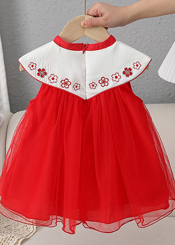Lovely Red Stand Collar Embroideried Floral Tassel Patchwork Button Tulle Baby Long Dresses Summer LY5469 - fabuloryshop