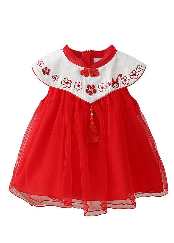 Lovely Red Stand Collar Embroideried Floral Tassel Patchwork Button Tulle Baby Long Dresses Summer LY5469 - fabuloryshop
